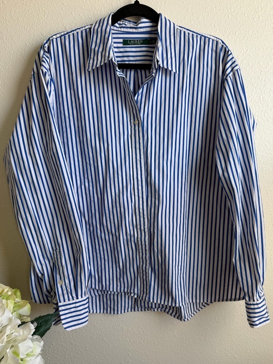 Lauren Ralph Lauren Tops - Lauren Ralph Lauren White and Blue Vertical Stripe Dress Shirt - Women's